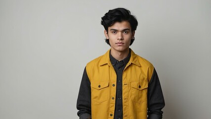 Obraz premium teen stunning black hair finnougric man with yellow shirt model portrait standing straight on a white wall for ad concept space for text