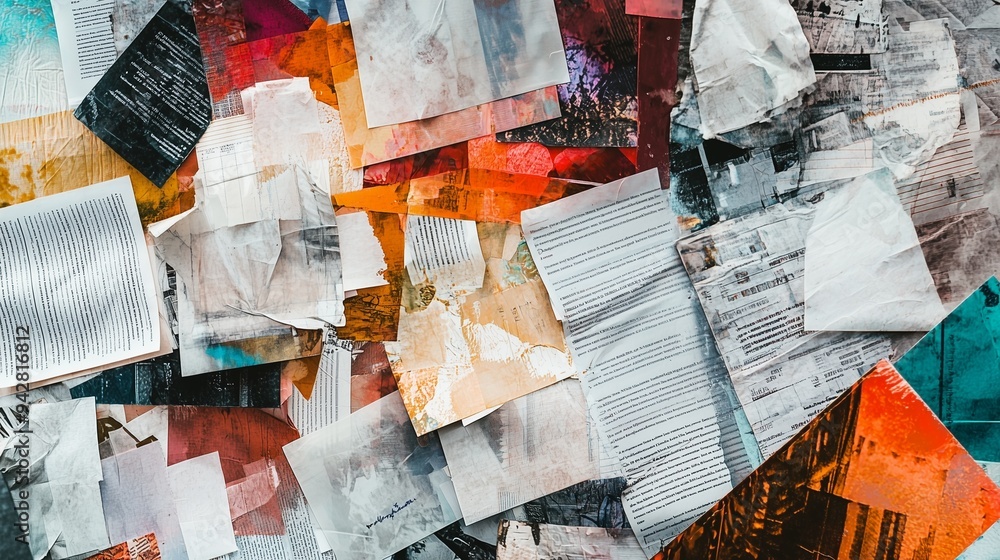 Wall mural abstract collage of overlapping scientific papers, symbolizing the complexity and interconnectedness