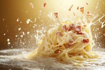 Delicious creamy pasta splashing with sauce, showcasing its rich texture and irresistible flavors for food lovers.