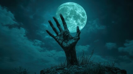 Obraz premium Hand of risen dead from grave in cemetery with full moon,zombie hand rising out from the ground,Halloween grave crosses,zombies at night,creepy hand and old tombstones,halloween concept.