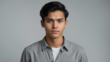 Obraz premium teen stunning black hair finnougric man with generic shirt model portrait standing straight on a white wall for ad concept space for text