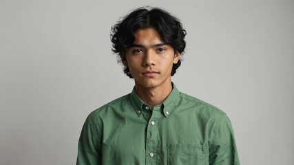 Obraz premium teen stunning black hair finnougric man with generic shirt model portrait standing straight on a white wall for ad concept space for text
