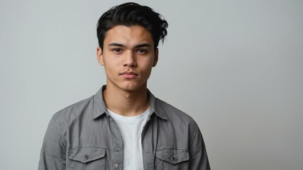 Obraz premium teen stunning black hair finnougric man with generic shirt model portrait standing straight on a white wall for ad concept space for text