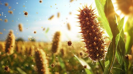 Close-up of pollen dispersal in a field, highlighting allergy triggers and the importance of disease management. main objects: pollen, plants, field.