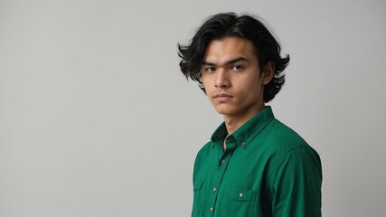 Obraz premium teen stunning black hair finnougric man with generic shirt model portrait standing straight on a white wall for ad concept space for text