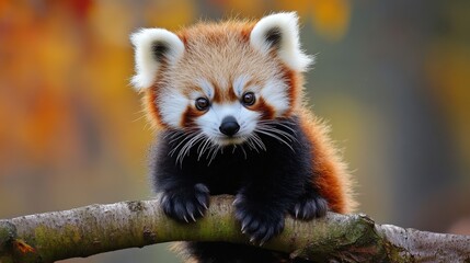 In a picturesque autumn forest, a red panda explores a branch with curiosity. Its fluffy fur contrasts with the vivid, colorful leaves in the background