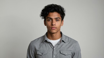Obraz premium teen stunning black hair european man with gray shirt model portrait standing straight on a white wall for ad concept space for text