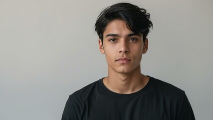 Fototapeta premium teen stunning black hair european man with black shirt model portrait standing straight on a white wall for ad concept space for text