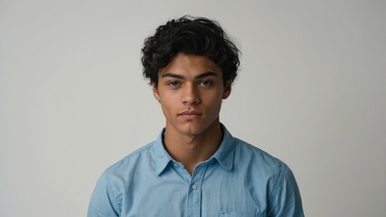 Obraz premium teen stunning black hair european man with blue shirt model portrait standing straight on a white wall for ad concept space for text