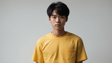 Obraz premium teen stunning black hair east asian man with yellow shirt model portrait standing straight on a white wall for ad concept space for text