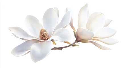 Elegant white magnolia flowers on a delicate branch, symbolizing purity and beauty in nature.