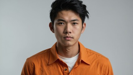 Obraz premium teen stunning black hair east asian man with orange shirt model portrait standing straight on a white wall for ad concept space for text