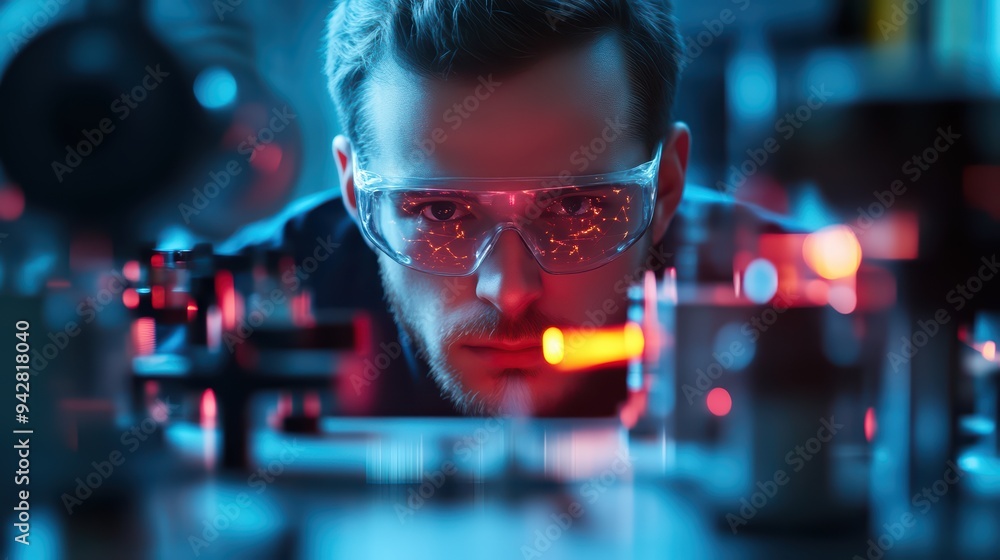 Poster focused scientist conducting research with advanced technology in a lab, showcasing innovation and p