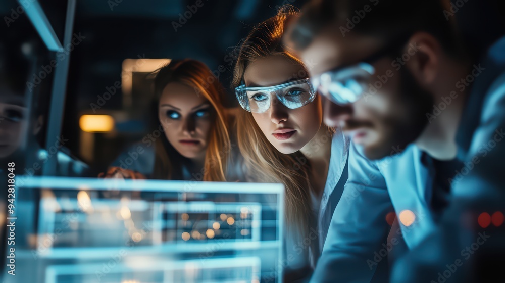 Poster focused scientists analyzing data on transparent screens in a modern lab setting, showcasing teamwor