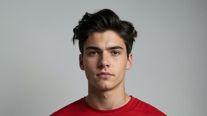 Fototapeta premium teen stunning black hair caucasian man with red shirt model portrait standing straight on a white wall for ad concept space for text