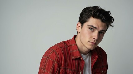 Obraz premium teen stunning black hair caucasian man with red shirt model portrait standing straight on a white wall for ad concept space for text