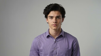 Obraz premium teen stunning black hair caucasian man with purple shirt model portrait standing straight on a white wall for ad concept space for text