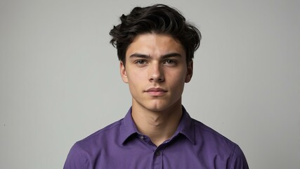 Obraz premium teen stunning black hair caucasian man with purple shirt model portrait standing straight on a white wall for ad concept space for text