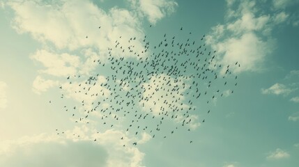 A Flock of Birds Flying in a Cloudy Sky