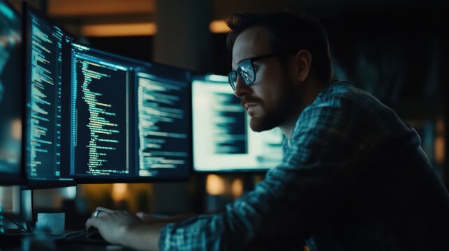 Focused programmer working late at night, analyzing code on multiple screens with modern software in a dimly lit workspace.