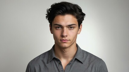 Obraz premium teen stunning black hair caucasian man with gray shirt model portrait standing straight on a white wall for ad concept space for text