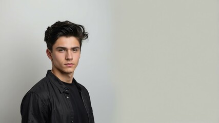 Obraz premium teen stunning black hair caucasian man with black shirt model portrait standing straight on a white wall for ad concept space for text