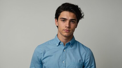 Fototapeta premium teen stunning black hair caucasian man with blue shirt model portrait standing straight on a white wall for ad concept space for text