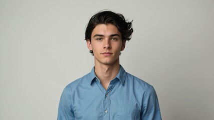 Obraz premium teen stunning black hair caucasian man with blue shirt model portrait standing straight on a white wall for ad concept space for text