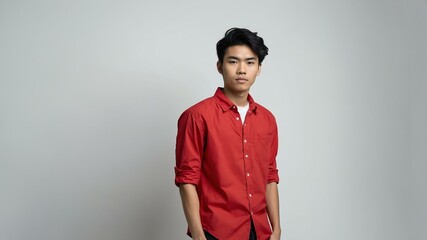 Obraz premium teen stunning black hair asian man with red shirt model portrait standing straight on a white wall for ad concept space for text