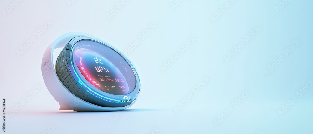 Poster futuristic smart thermostat displaying temperature and eco-settings with vibrant lighting on a minim