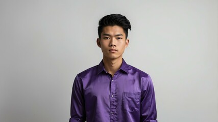 Fototapeta premium teen stunning black hair asian man with purple shirt model portrait standing straight on a white wall for ad concept space for text