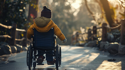 Child in wheelchair rolling down path through a wooded area
