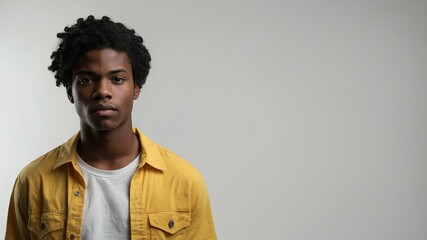 Obraz premium teen stunning black hair american man with yellow shirt model portrait standing straight on a white wall for ad concept space for text