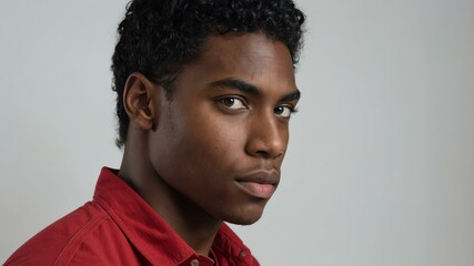 Obraz premium teen stunning black hair american man with red shirt model portrait standing straight on a white wall for ad concept space for text