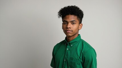 Obraz premium teen stunning black hair american man with green shirt model portrait standing straight on a white wall for ad concept space for text