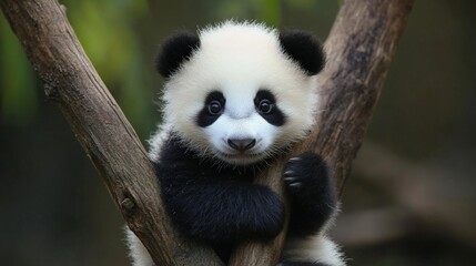 Fototapeta premium A baby panda plays in a tree, curiously peering at its surroundings. Soft fur contrasts with dark markings, bringing joy to onlookers in a serene environment