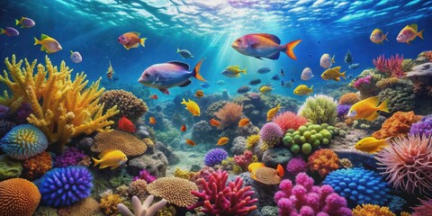 Vibrant underwater ecosystem full of colorful fish, corals, and other marine life, coral reef, ocean