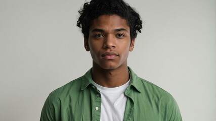 Fototapeta premium teen stunning black hair american man with green shirt model portrait standing straight on a white wall for ad concept space for text
