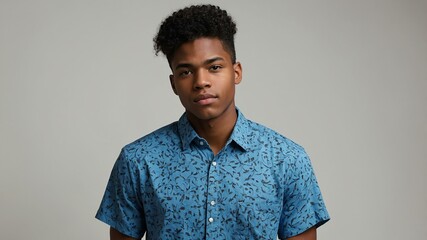 Obraz premium teen stunning black hair american man with blue shirt model portrait standing straight on a white wall for ad concept space for text