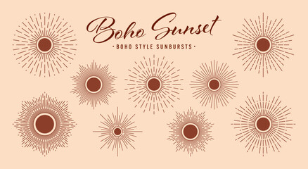 Vintage sunburst, sunset beams collection. Boho style, modern minimalist bohemian design. Hand drawn bursting sun, light rays. Logotype or lettering design element in retro style. Vector illustration