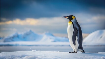 Naklejka premium A penguin standing alone on a snowy landscape, penguin, snow, cold, wildlife, nature, Antarctic, ice, cute, winter