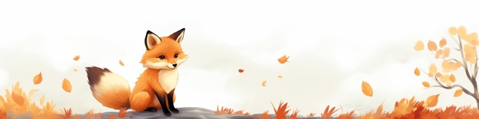 Fototapeta premium Whimsical Autumn Fox: Watercolor Illustration for Children's Storybook. Adorable Animal Character on Nature Path, Perfect for Book Covers, Marketing Campaigns, and Seasonal Promotions. AI-Generated Ar