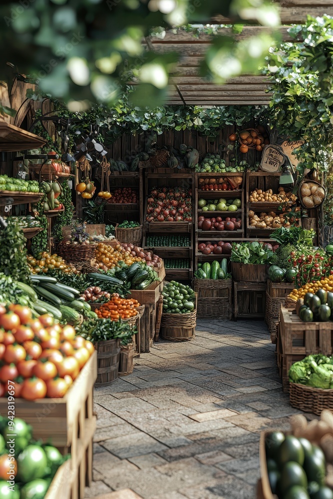 Wall mural Vibrant Outdoor Farmer's Market Bursting with Fresh Produce and Lush Greenery