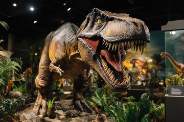 Obraz premium A Tyrannosaurus Rex Dinosaur Model in a Museum Exhibit
