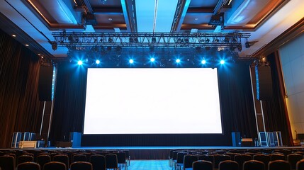 Spacious Corporate Event Stage with Large Blank Screen and Professional AV Setup for Business Gatherings