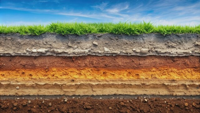 Cross-section of soil layers showing different colored sediments, geology, earth's history, sedimentation, layers
