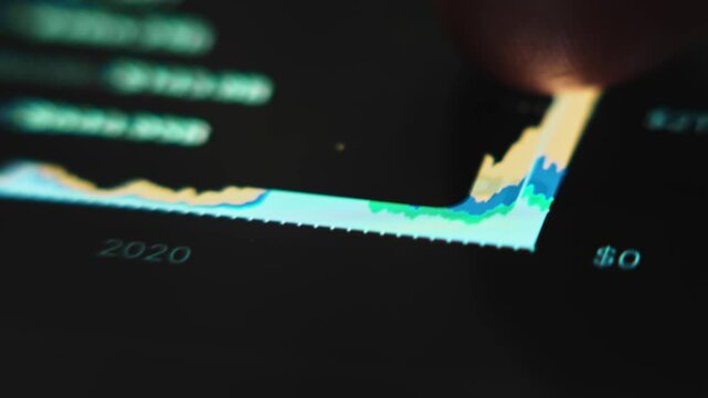 Studying market capital share of Bitcoin in graph on smartphone screen