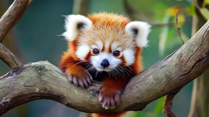 Obraz premium A red panda relaxes on a sturdy tree branch, surrounded by green foliage, enjoying the warm afternoon sun in its natural habitat