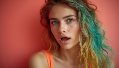 Naklejka premium Pretty girl's expression on a color background. A beautiful lifestyle wallpaper.