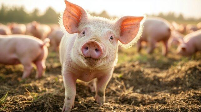 A pig is standing in a field with other pigs